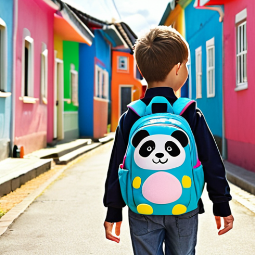 Home 11 **
A vibrant and cheerful scene depicting a child (around 7 years old) wearing a brightly colored backpack with a playful animal motif (e.g., a panda or unicorn). The child is walking to school on a sunny morning, smiling, with other children and colorful houses in the background. The backpack should have visible padded straps and ideally some customizable elements like patches. Focus on showcasing the "pop" colors and fun design trends.
**
