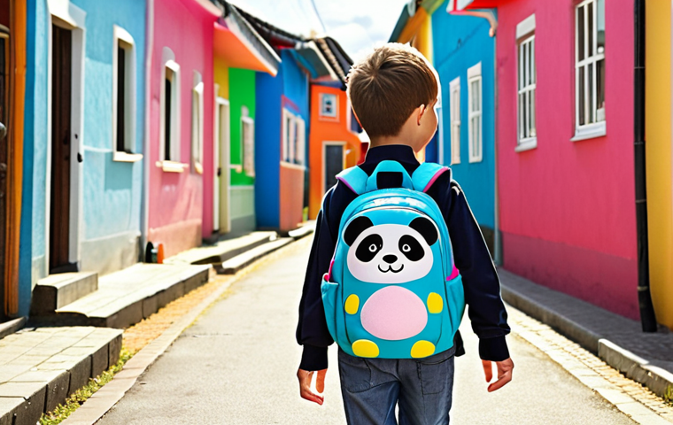 **
A vibrant and cheerful scene depicting a child (around 7 years old) wearing a brightly colored backpack with a playful animal motif (e.g., a panda or unicorn). The child is walking to school on a sunny morning, smiling, with other children and colorful houses in the background. The backpack should have visible padded straps and ideally some customizable elements like patches. Focus on showcasing the "pop" colors and fun design trends.
**