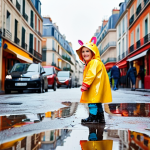 **

A joyful little child is playing in a large puddle wearing a brightly colored raincoat with reflective strips. The raincoat has a hood with animal ears. The background shows a slightly blurred Parisian street scene on a rainy day with colorful buildings.

**