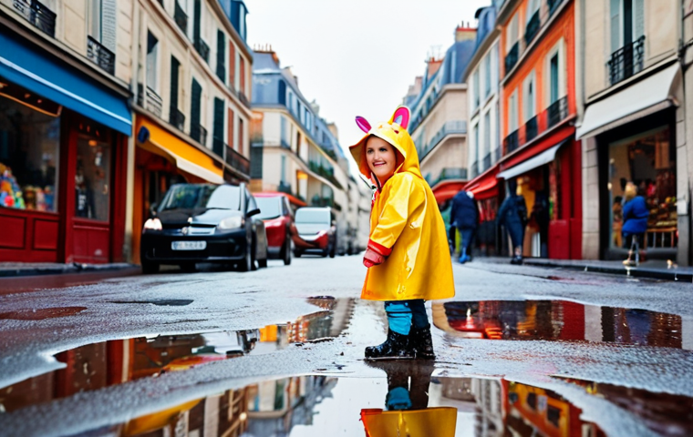 **
A joyful little child is playing in a large puddle wearing a brightly colored raincoat with reflective strips. The raincoat has a hood with animal ears. The background shows a slightly blurred Parisian street scene on a rainy day with colorful buildings.
**