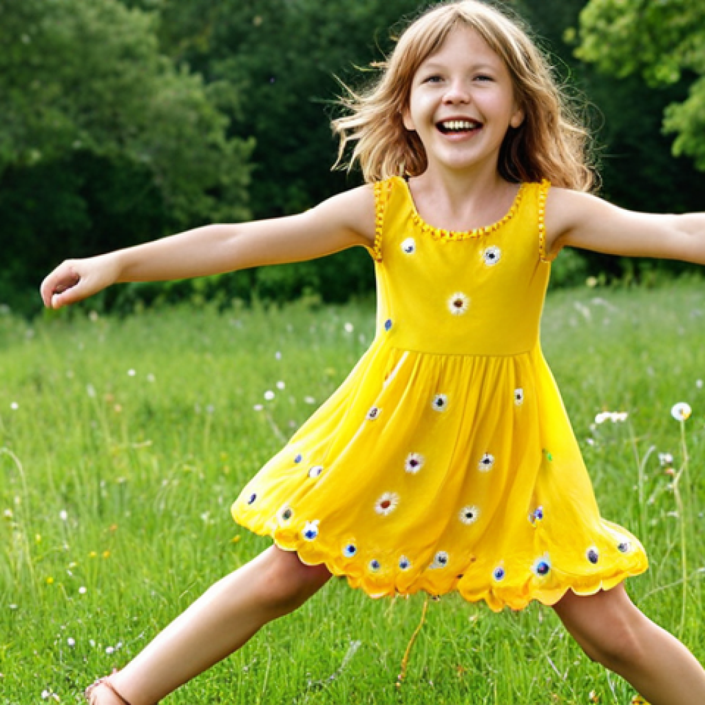 **

A vibrant photograph of a young girl (approximately 6 years old) gleefully twirling in a bright canary yellow Benetton Kids dress adorned with embroidered daisies. The dress is a trapeze style, allowing for easy movement. She's on a sunny day at a park in the French countryside, with a light blue sky and lush green grass in the background. She is wearing cute sandals and has a bright, joyful expression. Focus on the colors and the carefree movement.

**