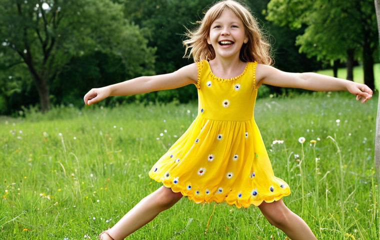 **

A vibrant photograph of a young girl (approximately 6 years old) gleefully twirling in a bright canary yellow Benetton Kids dress adorned with embroidered daisies. The dress is a trapeze style, allowing for easy movement. She's on a sunny day at a park in the French countryside, with a light blue sky and lush green grass in the background. She is wearing cute sandals and has a bright, joyful expression. Focus on the colors and the carefree movement.

**