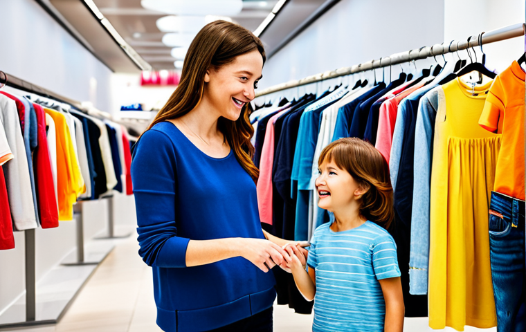 A happy family, consisting of a mother, a young boy, and a young girl, are joyfully browsing the children's clothing section of a modern and brightly lit H&M store. The children are fully clothed in comfortable, modest everyday wear, and the mother is dressed in appropriate attire. They are looking at vibrant, neatly arranged clothing racks displaying a wide variety of practical and durable garments for kids. The atmosphere is positive and inviting, highlighting a professional photography style, high quality, perfect anatomy, correct proportions, natural pose, well-formed hands, proper finger count, natural body proportions, safe for work, appropriate content, family-friendly, fully clothed.