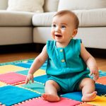 A joyful baby, approximately 9 months old, fully clothed in a comfortable, modest romper, sitting on a vibrant, padded playmat. The baby is reaching for a soft, colorful toy. The background is a bright, tidy living room with natural light. Professional photography, high quality, soft focus, safe for work, appropriate content, fully clothed, family-friendly, perfect anatomy, correct proportions, natural pose, well-formed hands, proper finger count, natural body proportions.
