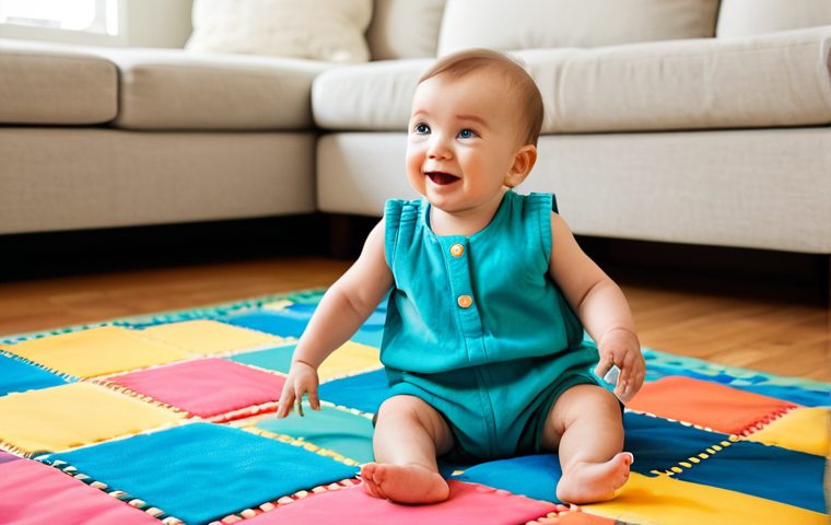 A joyful baby, approximately 9 months old, fully clothed in a comfortable, modest romper, sitting on a vibrant, padded playmat. The baby is reaching for a soft, colorful toy. The background is a bright, tidy living room with natural light. Professional photography, high quality, soft focus, safe for work, appropriate content, fully clothed, family-friendly, perfect anatomy, correct proportions, natural pose, well-formed hands, proper finger count, natural body proportions.