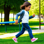 Kids playing in the park**

A young child, fully clothed in comfortable, modest play clothes (jeans, t-shirt, and a light jacket), running in a park. The focus is on their feet wearing practical and stylish sneakers. Background includes other children playing, green grass, trees, and playground equipment. Bright, natural daylight. Safe for work, appropriate content, professional, perfect anatomy, natural proportions, well-formed hands, proper finger count.

**