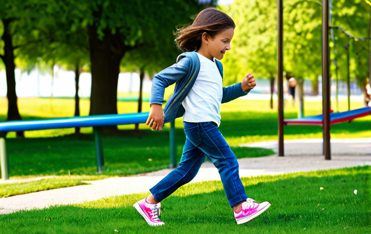 Kids playing in the park**

A young child, fully clothed in comfortable, modest play clothes (jeans, t-shirt, and a light jacket), running in a park. The focus is on their feet wearing practical and stylish sneakers. Background includes other children playing, green grass, trees, and playground equipment. Bright, natural daylight. Safe for work, appropriate content, professional, perfect anatomy, natural proportions, well-formed hands, proper finger count.

**