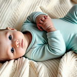 Baby Basics**

"A baby wearing a fully clothed, modest, organic cotton Mooimoln onesie in a pastel color, lying on a soft blanket, safe for work, appropriate content, perfect anatomy, correct proportions, well-formed hands, natural pose, soft lighting, professional baby photography, family-friendly."

**