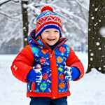 Child Playing in Snow**

A young child, fully clothed in a colorful, insulated winter coat with a hood, playing in a snowy park. The coat features bright colors like red and blue, possibly with a fun pattern. The child is also wearing mittens and a warm hat. The background shows snow-covered trees and a gentle snowfall. Safe for work, appropriate content, family-friendly, perfect anatomy, natural proportions, professional photography, high quality.

**