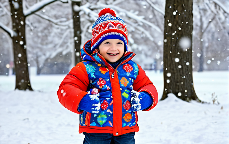 Child Playing in Snow**

A young child, fully clothed in a colorful, insulated winter coat with a hood, playing in a snowy park. The coat features bright colors like red and blue, possibly with a fun pattern. The child is also wearing mittens and a warm hat. The background shows snow-covered trees and a gentle snowfall. Safe for work, appropriate content, family-friendly, perfect anatomy, natural proportions, professional photography, high quality.

**