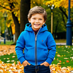 Kid in Organic Cotton Hoodie**

"A young boy, 6 years old, wearing a comfortable, fully clothed organic cotton hoodie from Tommy Hilfiger Kids in a vibrant blue. He's playing in a park with autumn leaves, smiling. The hoodie is well-detailed, showing the soft texture of the fabric. He is wearing jeans and sneakers, appropriate attire for playing outside. Safe for work, family-friendly, perfect anatomy, natural proportions, professional children's fashion photography, high quality."

**