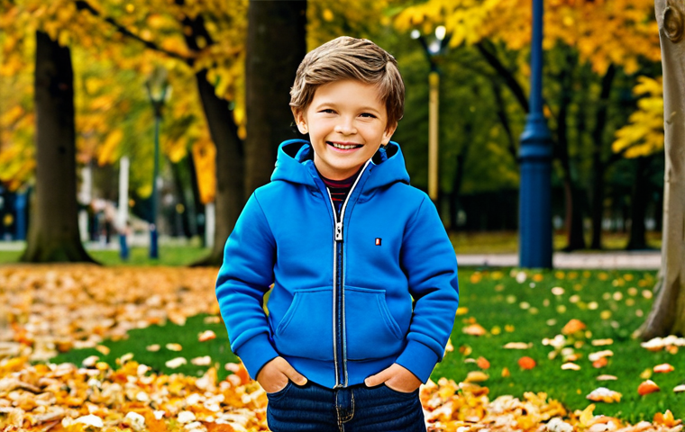 Kid in Organic Cotton Hoodie**

"A young boy, 6 years old, wearing a comfortable, fully clothed organic cotton hoodie from Tommy Hilfiger Kids in a vibrant blue. He's playing in a park with autumn leaves, smiling. The hoodie is well-detailed, showing the soft texture of the fabric. He is wearing jeans and sneakers, appropriate attire for playing outside. Safe for work, family-friendly, perfect anatomy, natural proportions, professional children's fashion photography, high quality."

**