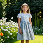 **

"A young girl in a fully clothed, modest, knee-length A-line dress made of organic cotton with a floral print, playing in a sunlit garden filled with flowers. The dress has simple, classic styling. Safe for work, appropriate content, perfect anatomy, natural pose, professional photography, high quality, family-friendly."

**