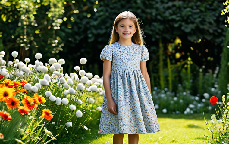 **

"A young girl in a fully clothed, modest, knee-length A-line dress made of organic cotton with a floral print, playing in a sunlit garden filled with flowers. The dress has simple, classic styling. Safe for work, appropriate content, perfect anatomy, natural pose, professional photography, high quality, family-friendly."

**