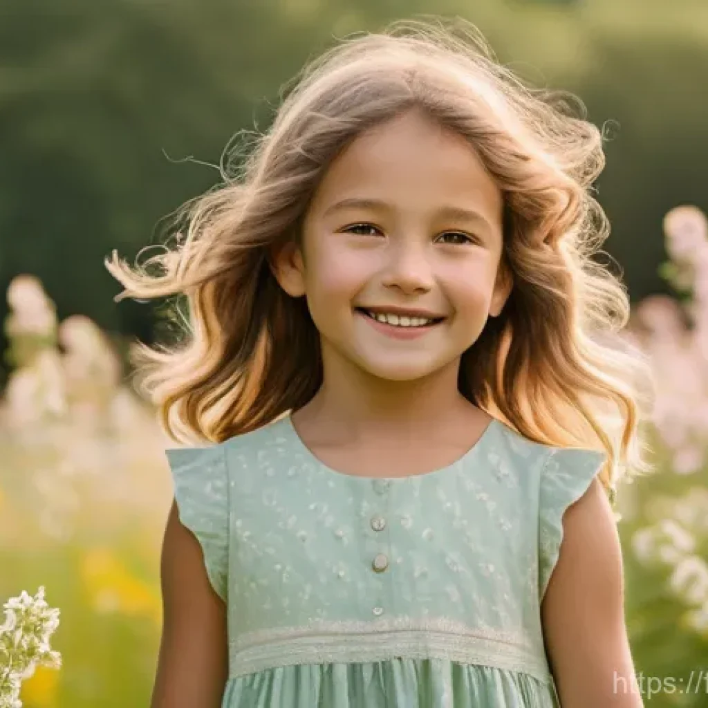 키즈 패션브랜드 신제품 - **Prompt:** "A delightful image of a smiling young girl, approximately 5 years old, with soft, sligh...