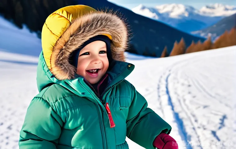 아동용 롱패딩 브랜드 추천 - **Snowy Adventure in Pyrenex-style Puffer:** A joyful 8-year-old child, possibly of French descent, ...