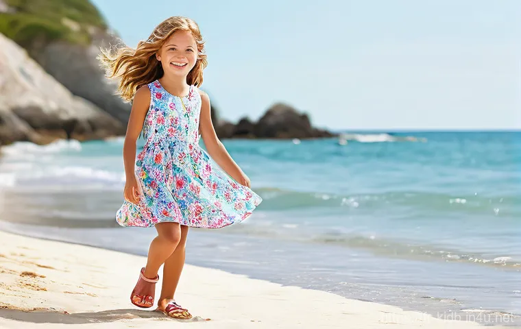 MLB키즈 여름용 신발 추천 - **Prompt 1: Summer Beach Fun with MLB Kids Sandals**
    "A joyful 6-year-old girl, with sun-kissed ...