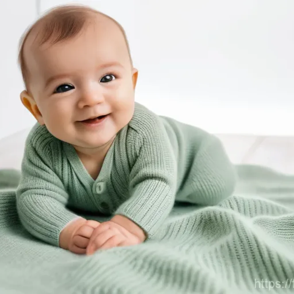 아동용 니트 브랜드 순위 - **Prompt:** A cheerful baby, approximately 6-9 months old, lying on a soft, natural linen blanket. T...