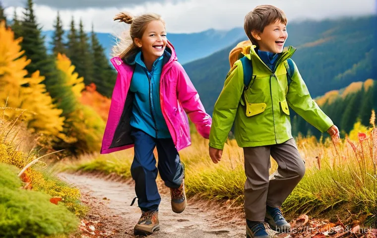 키즈용 아웃도어 브랜드 - **Prompt 1: Joyful Explorers in Layered Gear**
    "Two children, a cheerful girl around 7 years old...