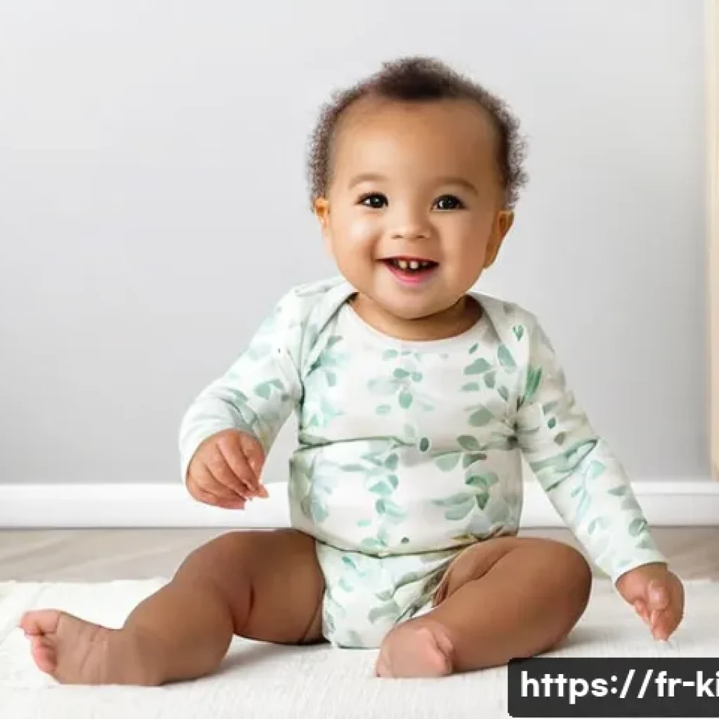 오가닉맘 유아복 리뷰 - **Prompt 1: Joyful Discovery in Soft Comfort**
    A happy baby (around 8-12 months old) sits comfor...