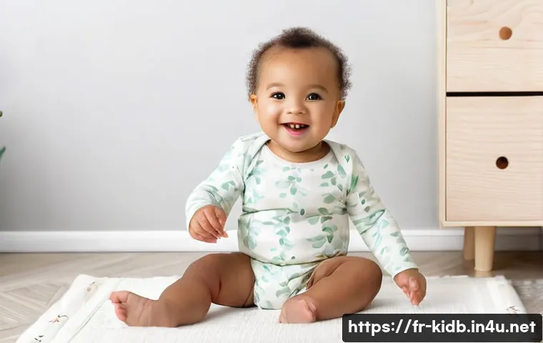 오가닉맘 유아복 리뷰 - **Prompt 1: Joyful Discovery in Soft Comfort**
    A happy baby (around 8-12 months old) sits comfor...