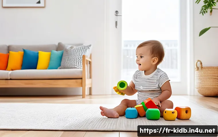 아동 브랜드 프로모션 정보 - A modern European family in a bright, stylish living room setting, featuring a toddler wearing a col...