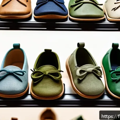 Home 30 친환경 아동 신발 브랜드 - A cozy children’s shoe display in a boutique setting, featuring eco-friendly materials like organic ...