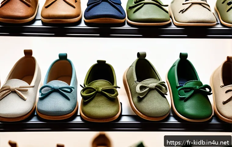 친환경 아동 신발 브랜드 - A cozy children&rsquo;s shoe display in a boutique setting, featuring eco-friendly materials like organic ...