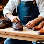 Home 23 아동 신발 브랜드 역사 - A cozy artisan workshop scene featuring a skilled French shoemaker crafting children’s shoes by hand...