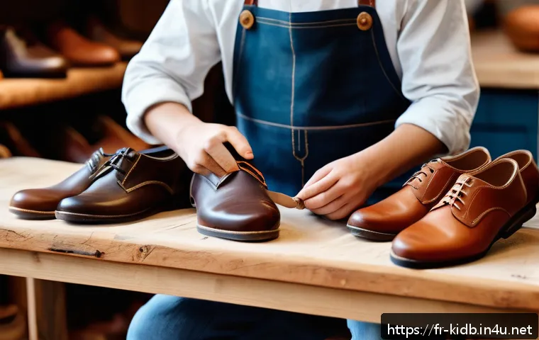 아동 신발 브랜드 역사 - A cozy artisan workshop scene featuring a skilled French shoemaker crafting children&rsquo;s shoes by hand...