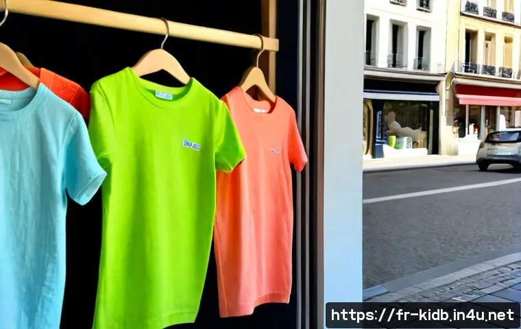 키즈 여름 티셔츠 브랜드 - Photorealistic summer children’s clothing display in a bright French boutique, neatly arranged color...